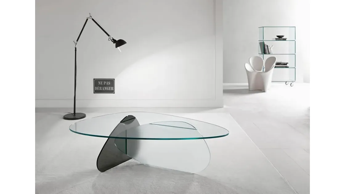 Tavolino di design in vetro fumé, acidato e trasparente Kat di Tonelli