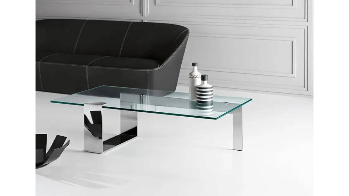 Tavolino in vetro con base in metallo cromato Plinsk di Tonelli