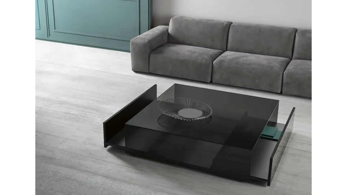 Tavolino in vetro con cassetti interni in legno Gotham di Tonelli