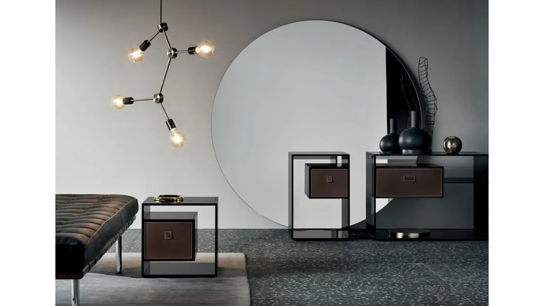 Tavolino in vetro con base a specchio con cassetto in legno Liber di Tonelli