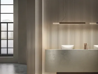 Lampada a sospensione in legno con diffusore in vetro Dala linear di Kundalini