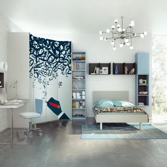 Cameretta con cabina armadio ad angolo serigrafata Comp 349 di Tumidei