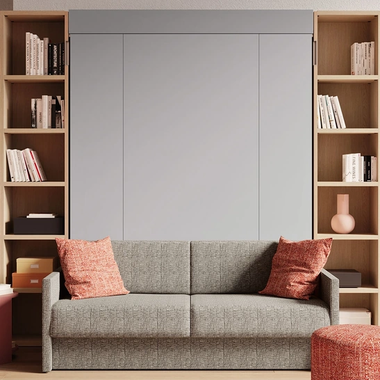 Letto a scomparsa con divano integrato e libreria Im 22 04 Nobu in melaminico Rovere e laccato opaco di Clever