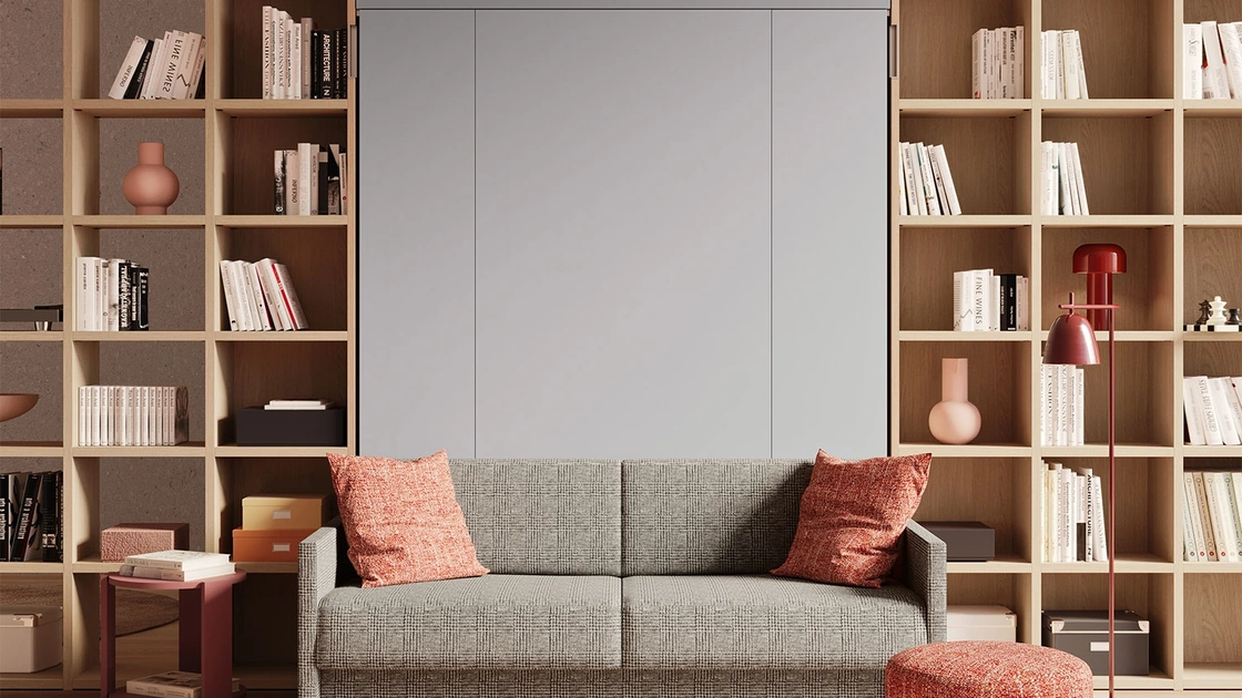 Letto a scomparsa con divano integrato e libreria Im 22 04 Nobu in melaminico Rovere e laccato opaco di Clever
