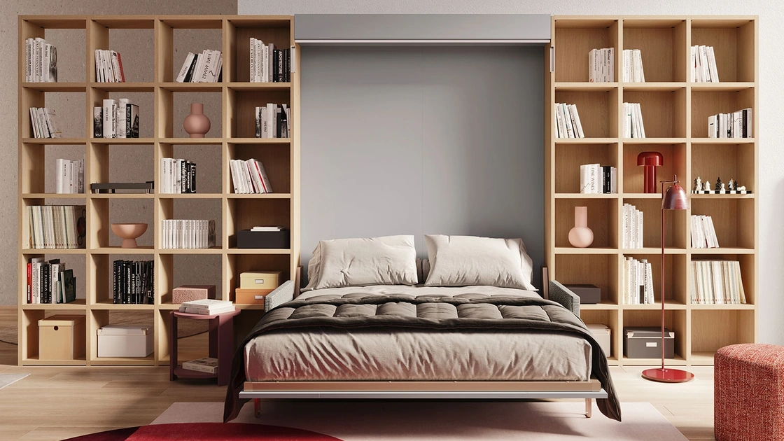Letto matrimoniale a scomparsa con divano integrato e libreria Im 22 04 Nobu in melaminico Rovere e laccato opaco di Clever