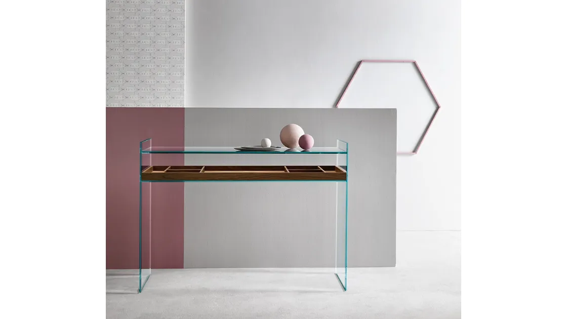 Mobile ingresso in vetro con cassetto in legno Quiller Consolle di Tonelli
