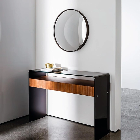 Mobile ingresso Bridge with Drawer in vetro curvato con cassettiera in Noce Canaletto di Sovet