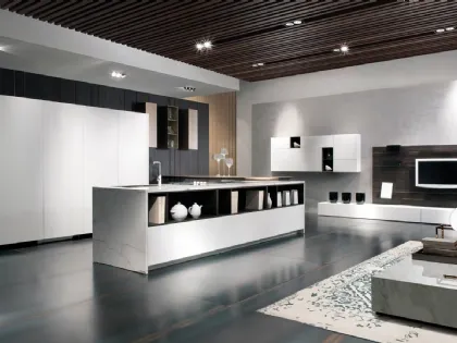 Cucina Design con penisola Mediterraneum in Laccato Bianco opaco e Ceramica effetto Marmo di Scic