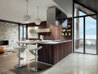 Cucina Design con penisola Mediterraneum in finitura Rovere bruciato e top in laccato Bianco lucido di Scic