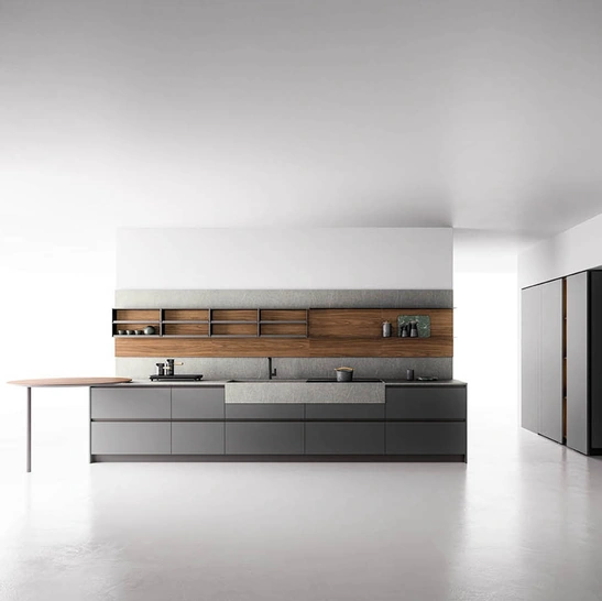 Cucina Moderna con penisola Anice 02 in laccato opaco Piombo e Noce classico con top in Laminam Pietra Piasentina di Valdesign