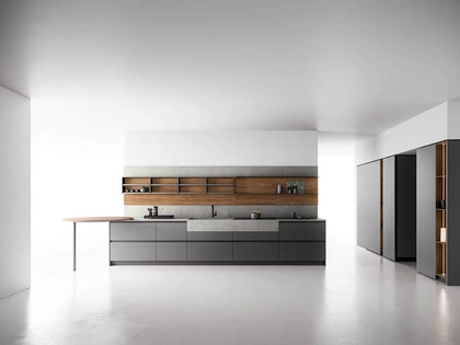 Cucina Moderna con penisola Anice 02 in laccato opaco Piombo e Noce classico con top in Laminam Pietra Piasentina di Valdesign