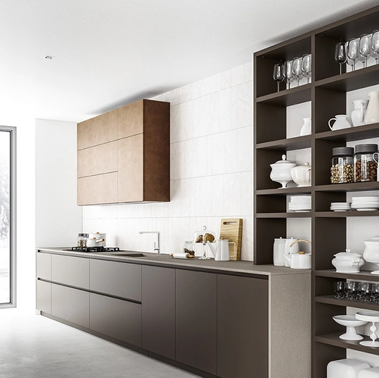 Cucina Moderna lineare Logica 04 in laccato opaco Fango e laccato opaco effetto metallo Rame brunito di Valdesign