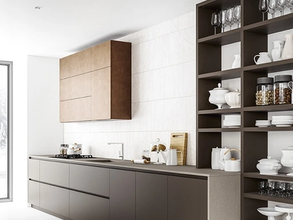 Cucina Moderna lineare Logica 04 in laccato opaco Fango e laccato opaco effetto metallo Rame brunito di Valdesign
