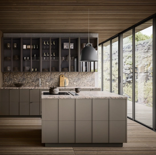 Cucina Moderna Maggiorana finitura laccato Fango Opaco con top in Marmo Emperador opaco di Valdesign