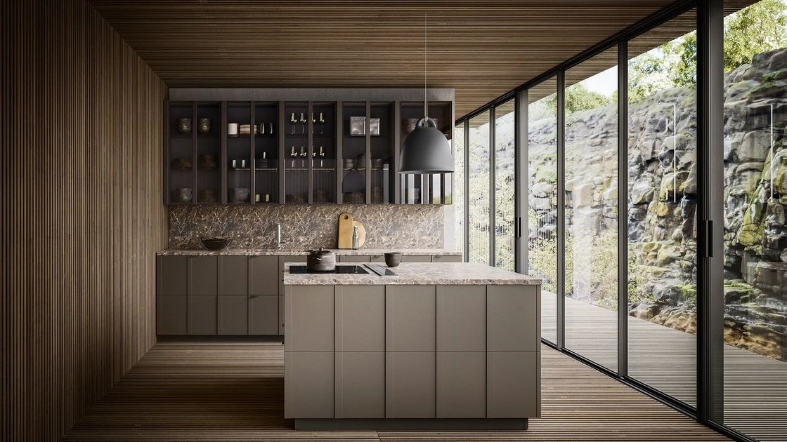 Cucina Moderna Maggiorana finitura laccato Fango Opaco con top in Marmo Emperador opaco di Valdesign