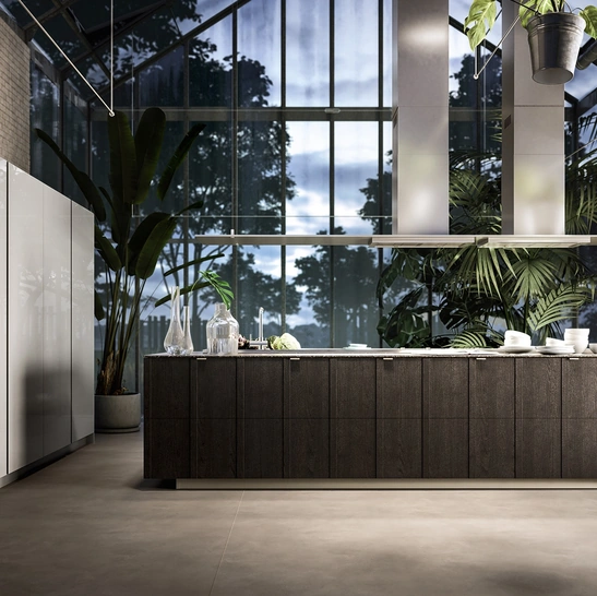 Cucina Moderna Maggiorana 05 finitura Olmo Carbone e laccato lucido Arena con top in marmo Marquinia Nero di Valdesign