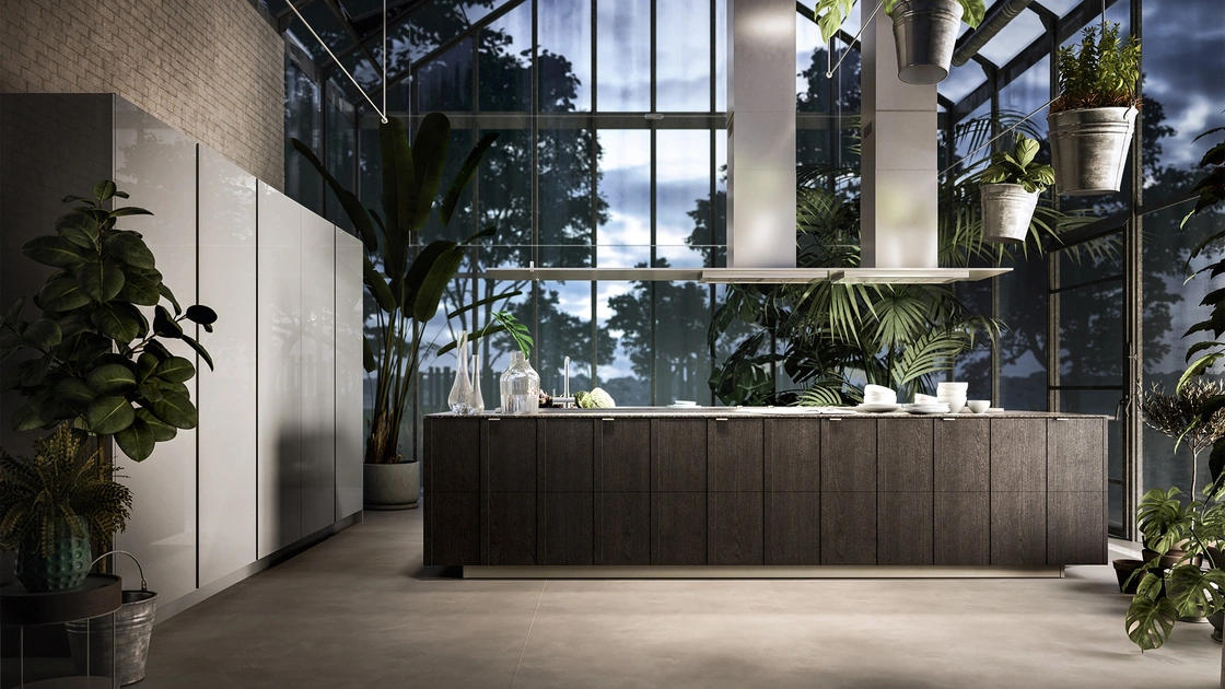 Cucina Moderna Maggiorana 05 finitura Olmo Carbone e laccato lucido Arena con top in marmo Marquinia Nero di Valdesign