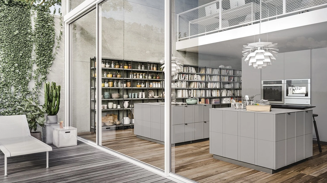 Cucina Moderna Maggiorana 03 con doppia isola in laccato opaco Platino di Valdesign