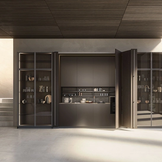 Cucina Moderna lineare a scomparsa in laccato con ante in rovere carbone Sesamo 02 di Valdesign