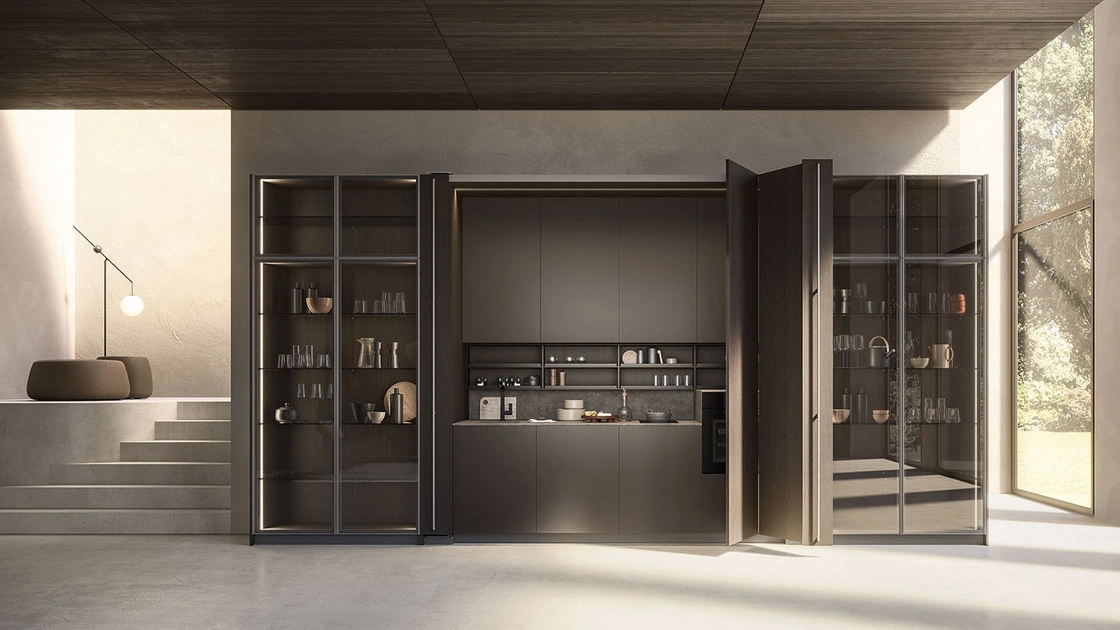 Cucina Moderna lineare a scomparsa in laccato con ante in rovere carbone Sesamo 02 di Valdesign