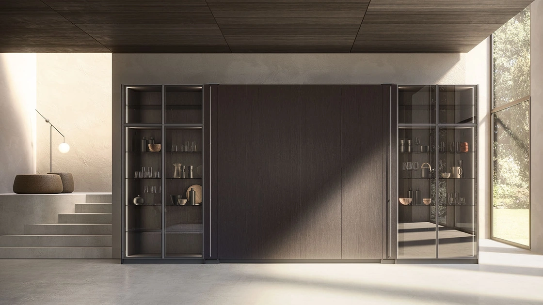 Cucina Moderna lineare a scomparsa in laccato con ante in rovere carbone Sesamo 02 di Valdesign