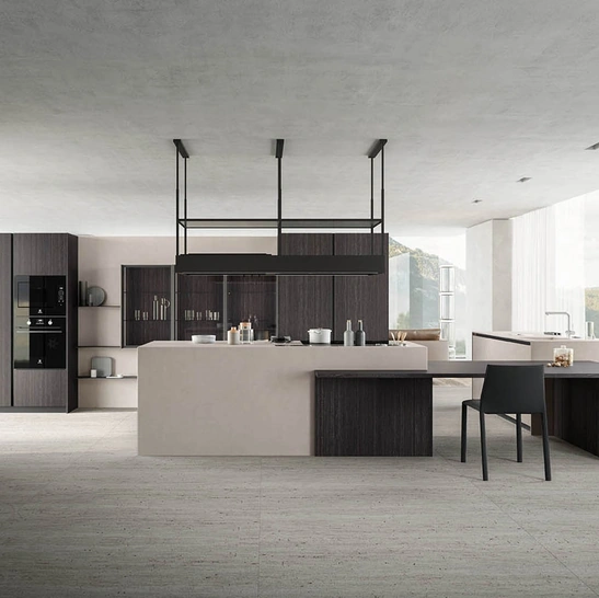 Cucina Moderna con isola angolare Zafferano 03 finitura laminato Fokos e nobilitato Eukalipto fossile di Valdesign