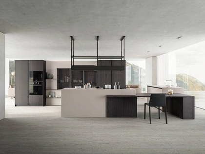 Cucina Moderna con isola angolare Zafferano 03 finitura laminato Fokos e nobilitato Eukalipto fossile di Valdesign