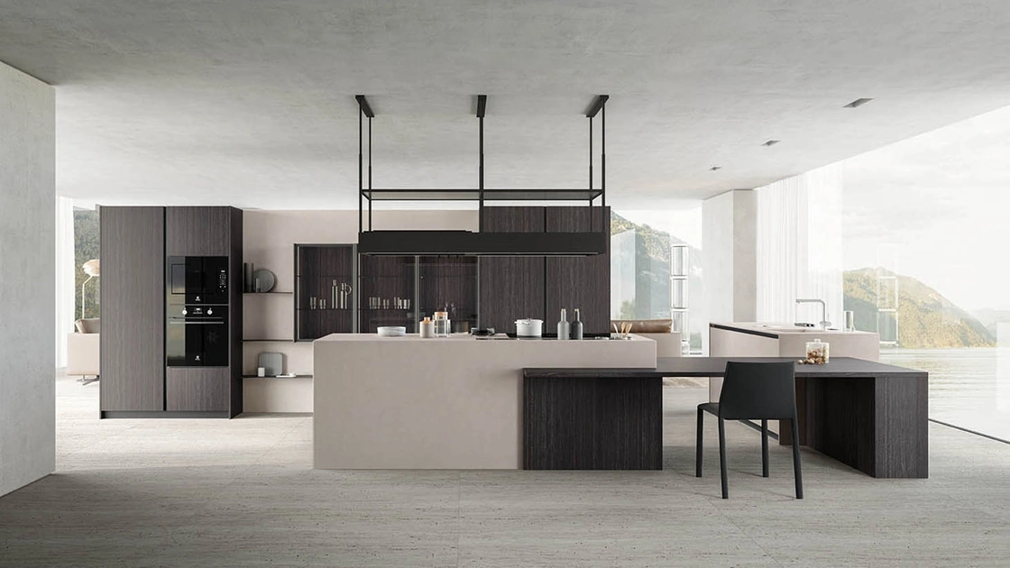 Cucina Moderna con isola angolare Zafferano 03 finitura laminato Fokos e nobilitato Eukalipto fossile di Valdesign