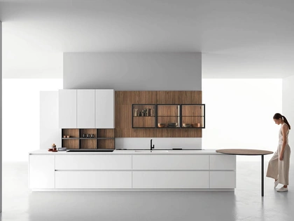 Cucina Moderna in laccato opaco Calce con penisola in Noce naturale Zafferano 04 di Valdesign