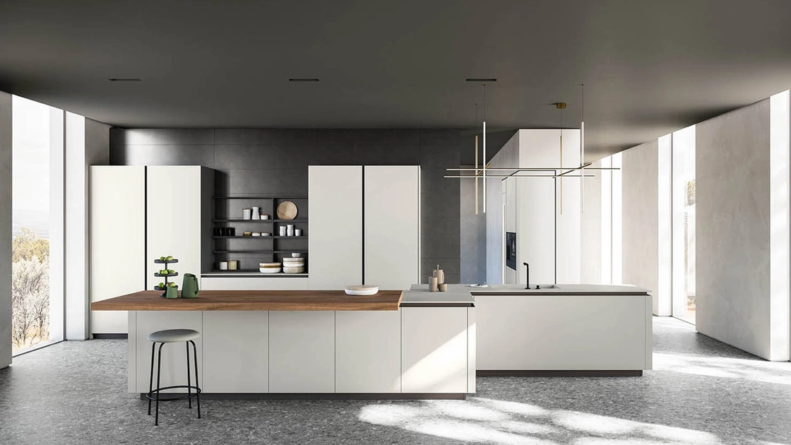 Cucina Moderna con isola finitura Fenix Grigio Efeso con piano tavolo in nobilitato Noce naturale Zafferano 05 di Valdesign