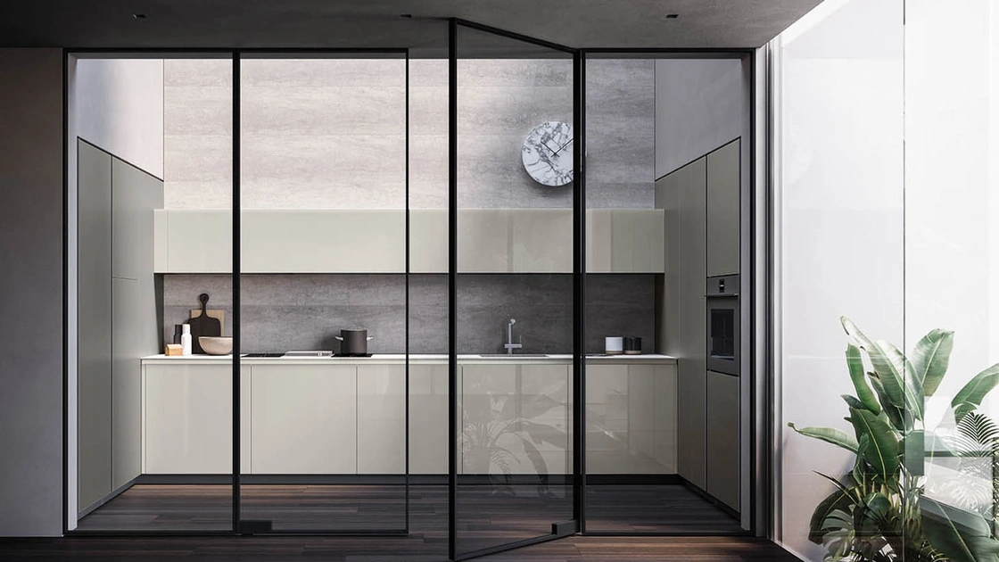 Cucina Moderna angolare Zafferano 07 in vetro lucido Greige di Valdesign